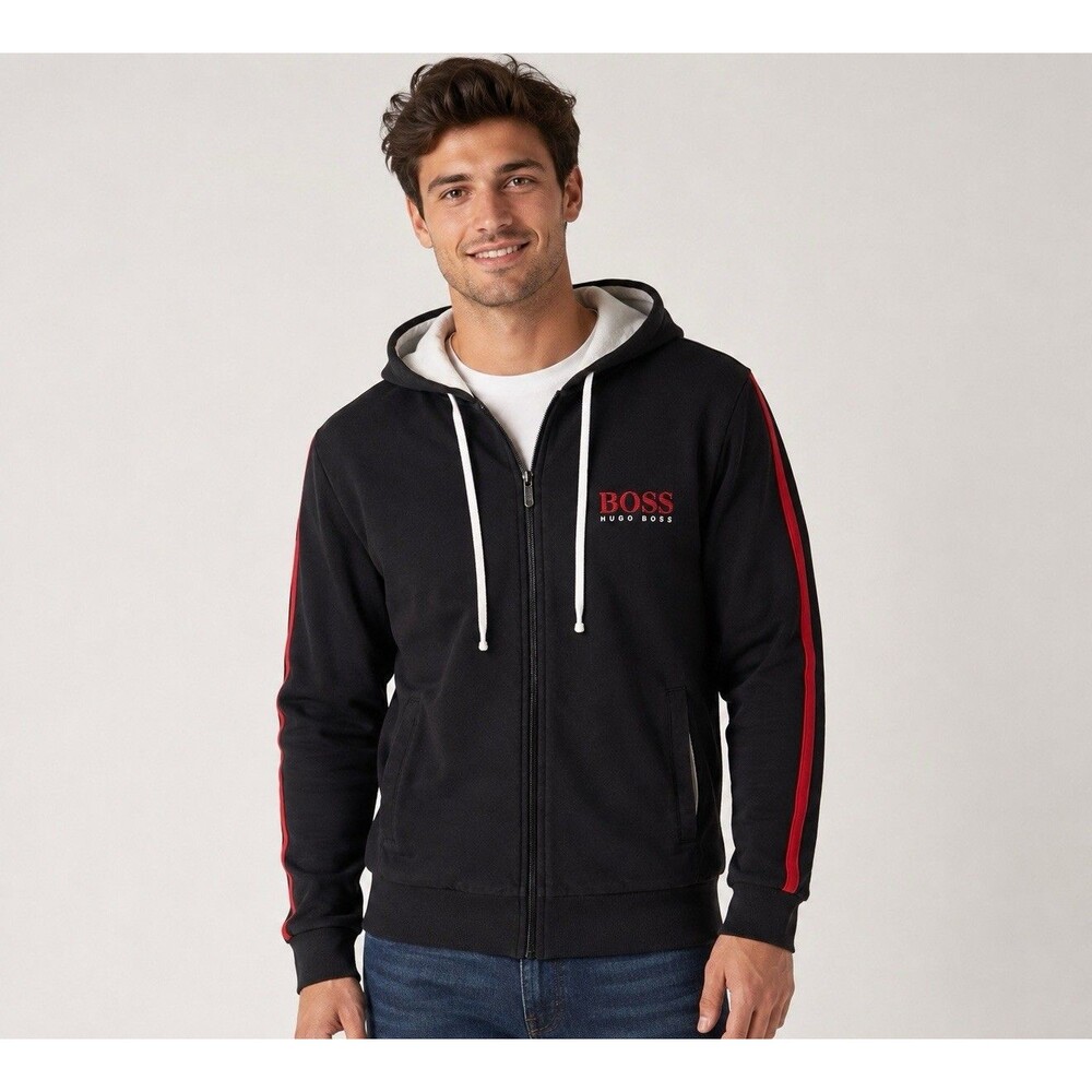 Hugo Boss Full Zip Hoodie Blue Red Stripe Hooded Size Small Streetwear